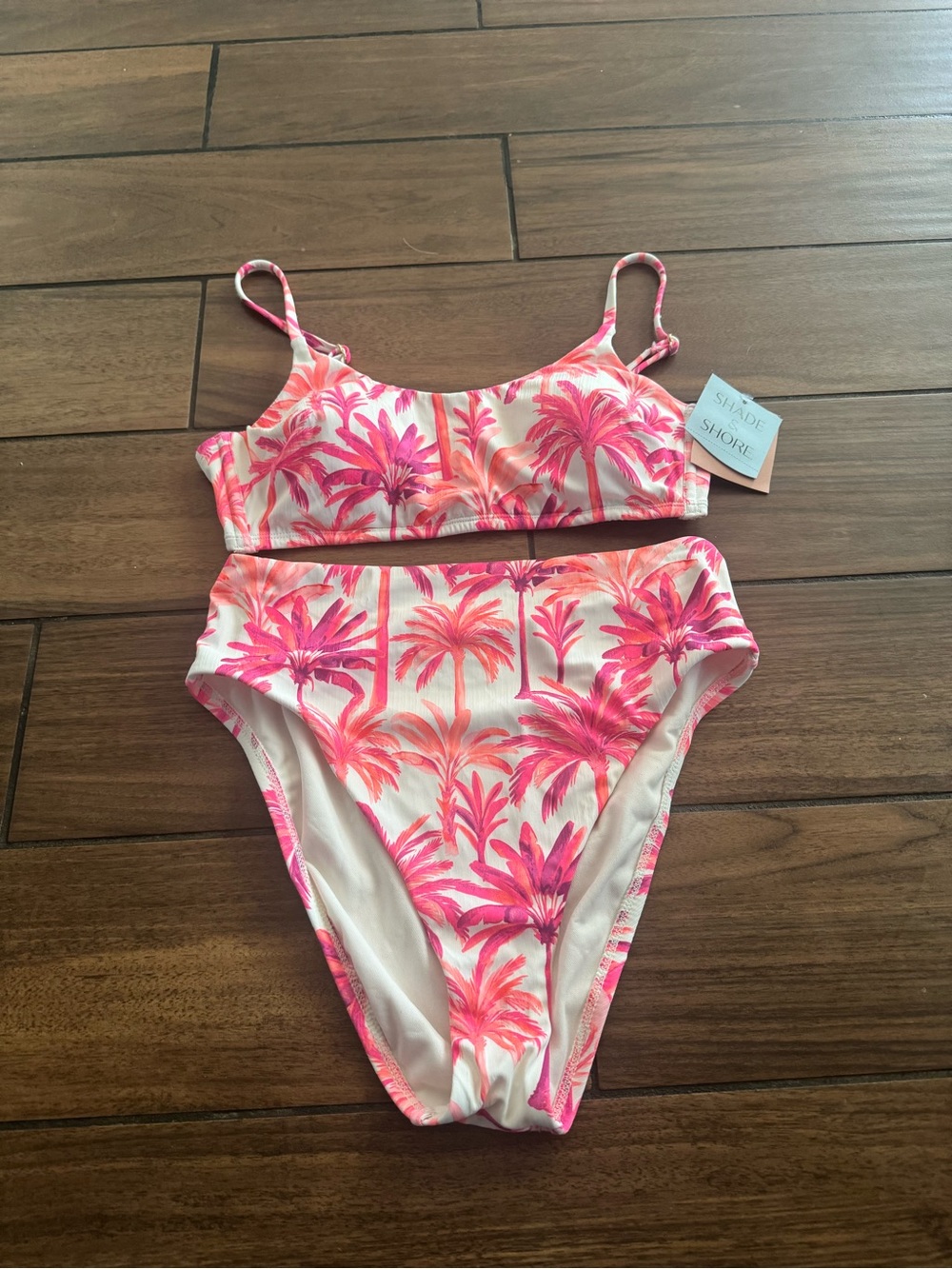 Shade & Shore Pink & Coral Palm Print High-Waist Bikini